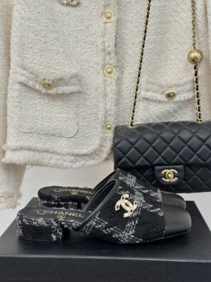 Chanel Tweed & Calfskin Flat Mule Black/Gray 2024