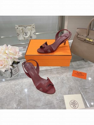 Hermes Leather Heeled Sandals 7cm Burgandy 2021 Collection 