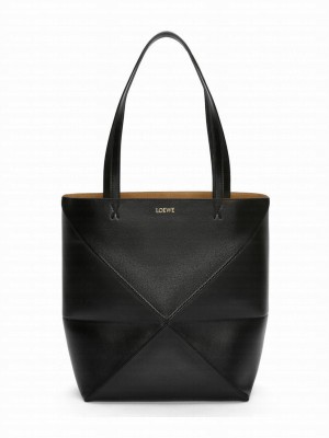 Loewe Puzzle Fold Tote In Shiny Calfskin Black