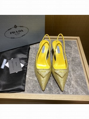 Prada Women's 5.5cm Satin Slingback Sandals With Crystals 2022 Collection,Yellow