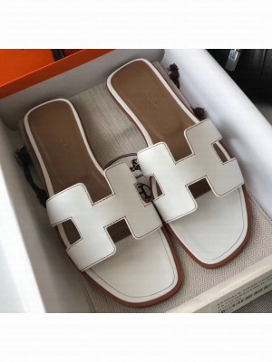 Hermes Oran Flat Slipper Sandals in Swift Box Calfskin White 01