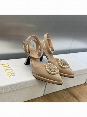 DIOR ROSE PUMP Beige Patent Calfskin and White Resin Pearls