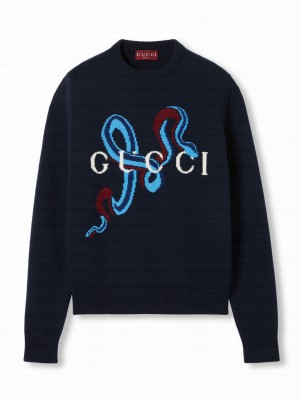 Gucci Women's Wool Cashmere Sweater With Intarsia Dark Blue