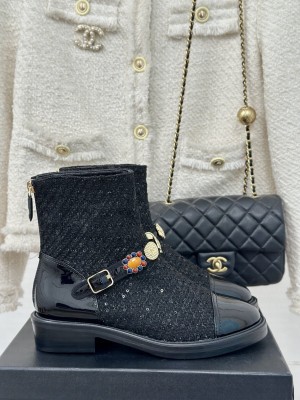 Chanel Tweed, Grosgrain Ankle Boots with Charm Strap Black 2024 