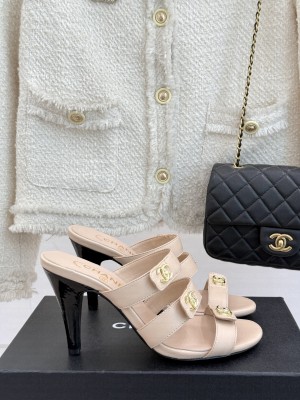 Chanel Lambskin Heel Sandals 8cm with CC Straps Beige 2025 