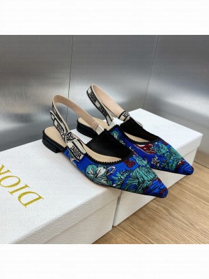 Dior J'Adior Slingback flats in Cobalt Blue Multicolor Embroidered Cotton with Toile de Jouy Voyage Motif 2023