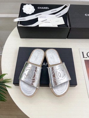 Chanel Leather Espadrilles Mules Silver 2025