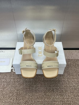 Dior Dway Heeled Sandals 7.5cm in Beige Calfskin and Embroidered Cotton 2025