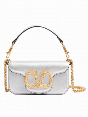 Valentino Garavani Loco Small Shoulder Bag In Laminated Calfskin With Jewel Logo Silver