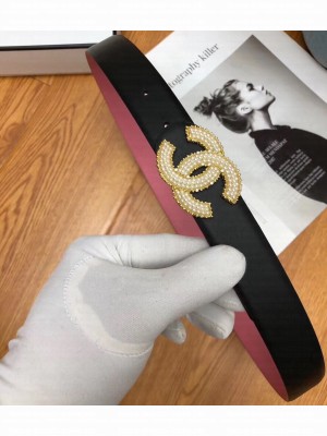 Chanel Width 3cm Crystal CC Logo Buckle Leather Belt Black/Pink