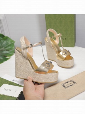 Gucci Calfskin 13cm Gold Espadrilles Wedge Sandals 2021 Collection