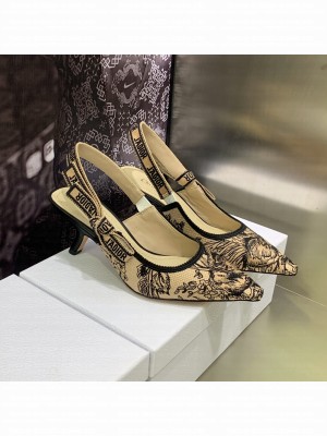 Dior J'Adior Slingback Pumps 6.5cm in Beige/Black Multicolor Embroidered Cotton with Jardin Botanique Motif 2023