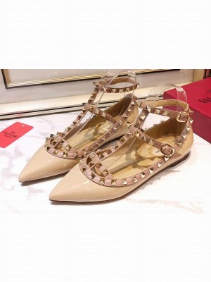 Valentino Rockstud Caged Ankle Strap Ballet Flats Ballerinas in Patent Leather Nude
