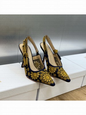 Dior J'Adior Slingback Pumps 9.5cm in Navy Blue and Yellow Canvas Embroidered with Saint-Gall Motif 2023