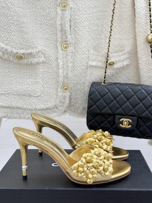 Chanel Lambskin Heel Slides Sandal 8cm with Camellia Bloom gold 2025