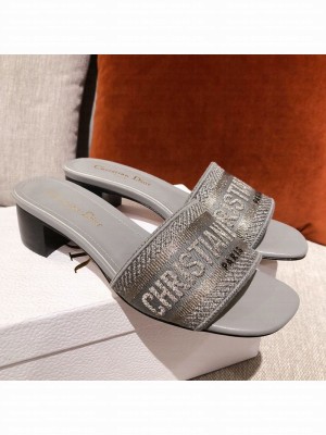 Dior Dway Embroidered Cotton Heel Slide Sandals 5cm Grey Spring/Summer 2021 Collection