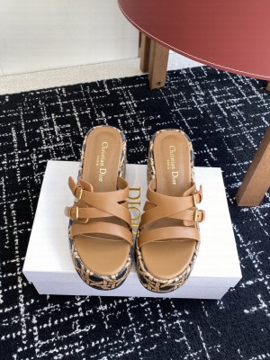 Dior L'Amazone Wedge Slide brown Calfskin and Natural Graphic Cannage Raffia