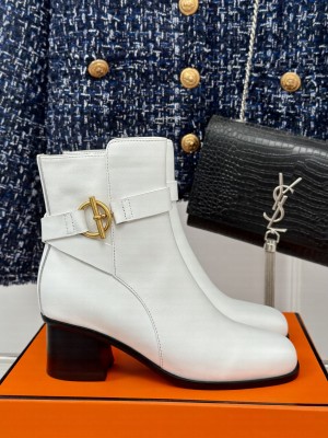 Hermes Jill 60 ankle boot in calfskin golden Glenan buckle white