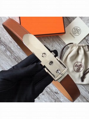 Hermes Square Buckle Leather Belt Brown/Silver