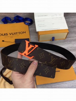 Louis Vuitton LV Shaped Monogram Canvas Belt 40mm with Orange LV Buckle MP216T 2019 Collection