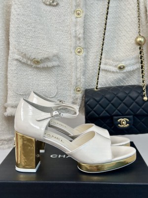 Chanel Gold Heel Calfskin Sandals Crinkled White 2024