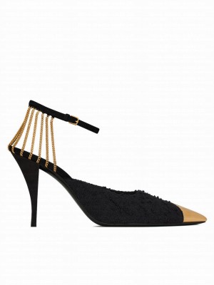 Saint Laurent Women's Sling Chain Pumps In Boucle Tweed 6738380 Black