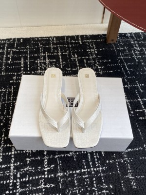 TOTEME croco-embossed heeled flip flops white