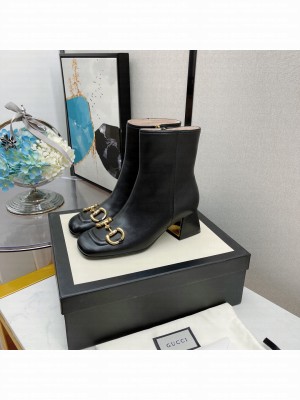 Gucci Women's Black GG Horsebit  Heel 5.5/7.5cm Lambskin Ankle Boot 2021 Collection