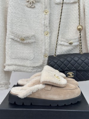 Chanel Suede & Shearling Wool Mule Beige