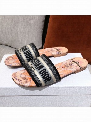 Dior Dway Embroidered Cotton Flat Slide Sandals Pink/Grey Spring/Summer 2021 Collection