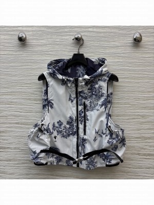 Chiristian Dior Dioriviera Hooded Vest White and Blue Toile de Jouy Palms Jacquard Technical Taffeta