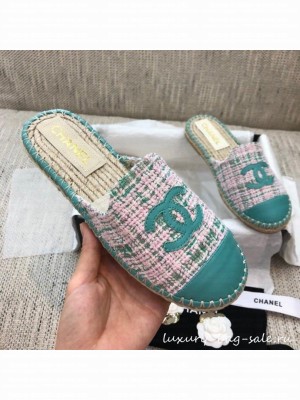 Chanel Tweed Espadrilles Mules G37482 Green  2021 Collection