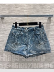 Chanel Women's Heavy Print Denim Shorts Blue
