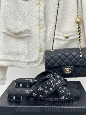 Chanel Rhinestone Letter Cross Strap Slide Flat Black 01