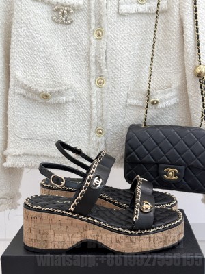 Chanel platform double C with chain sandals Black leather 2025
