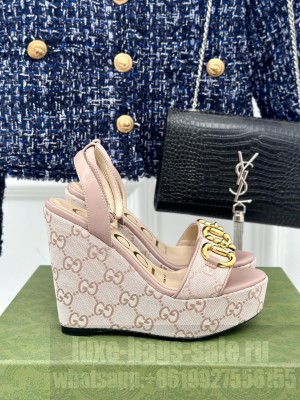 Gucci Women's Canvas 12cm Horsebit Wedge Sandals Light Pink
