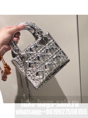 Lady Dior Mini Bag in Cannage with Chain Crinkled Silver