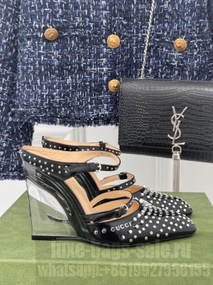Gucci Women's 10cm Black Shiny Leather With Allover studs 827856 Wedge Mule 2025
