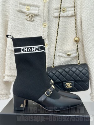 Chanel Knit Ankle Boots With Charm Buckle Strap Black