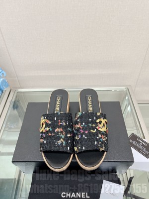 Chanel Tweed Platform Heel Slide Sandals 5.5cm Flat Slide Sandals 018