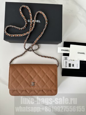 Chanel Caviar Leather & Silver-Tone Metal Wallet On Chain WOC Bag A33814 Brown