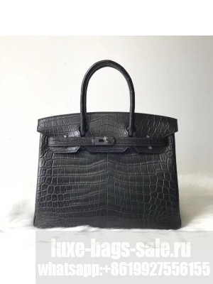 hermes so black birkin 30/35 bag in matt crocodile leather