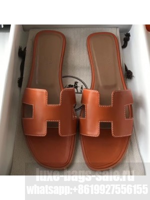 Hermes Oran Flat Slipper Sandals in Swift Box Calfskin Khaki