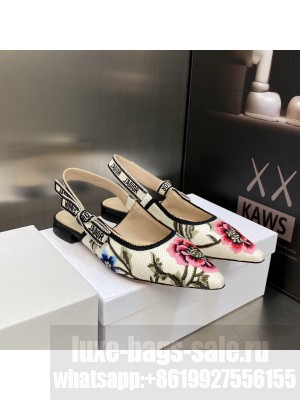 Dior J'Adior Slingback Ballerina Flat in White Multicolor Cotton Embroidered with Petites Fleurs Motif 2023
