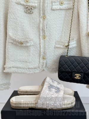 Chanel Tweed Espadrilles Crystal CC Logo Slide Mules Beige