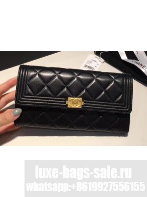 Chanel Gold-Tone Metal Lambskin Boy Flap Wallet Black