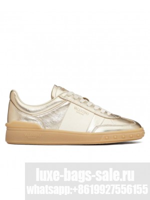 Valentino Unisex Upvillage Sneaker In Laminated Calfskin With Nappa Calfskin Leather Band Golden