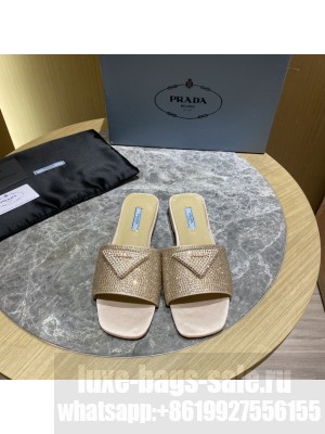 Prada Satin Flat slides sandals With Cryscals 2022 Collection，Beige