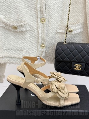 Chanel Lambskin With Camellia Chain 7.5cm Sandals Beige 2025