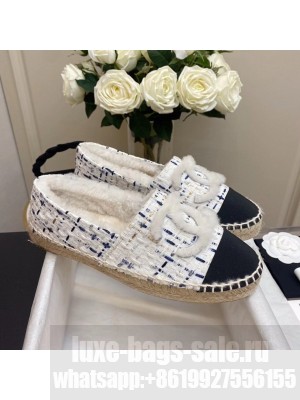 Chanel Shearling Fur Espadrilles Tweed/Lambskin Leather Fall/Winter 2020  Collection,  White/Blue Multicolor